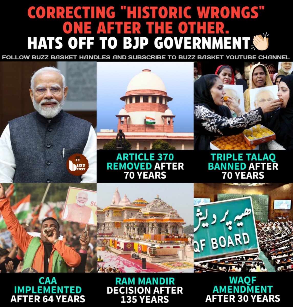theBuzZBasket's tweet photo. Correcting "Historic Wrongs" one after the other. Hats-off to #BJP 👏🏻

#Article370 #TripleTalaq #CAA #RamMandir #WaqfBillAmendment #WaqfBill #WaqfBoard #WaqfBill2025 #NarendraModi #Modi #ModiKiGuarantee #India https://t.co/TSOjjCoywe