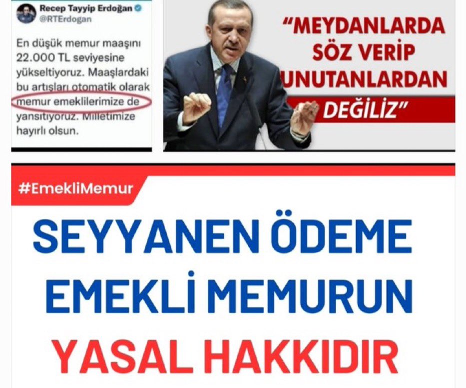 #EmekliMemur lar fazlasını değil, kanuni haklarını istiyor!
Memura verilen seyyanen zam aynı yasaya tabi olan Memur emeklisine verilmedi!
Ayrıma Haksızlığa bir SON‼️
#MemurEmeklisineAdalet 
<a href="/Akparti/">AK Parti</a> <a href="/TBMMGenelKurulu/">TBMM Genel Kurulu</a> <a href="/memetsimsek/">Mehmet Simsek</a> <a href="/csgbakanligi/">T.C. Çalışma ve Sosyal Güvenlik Bakanlığı</a>