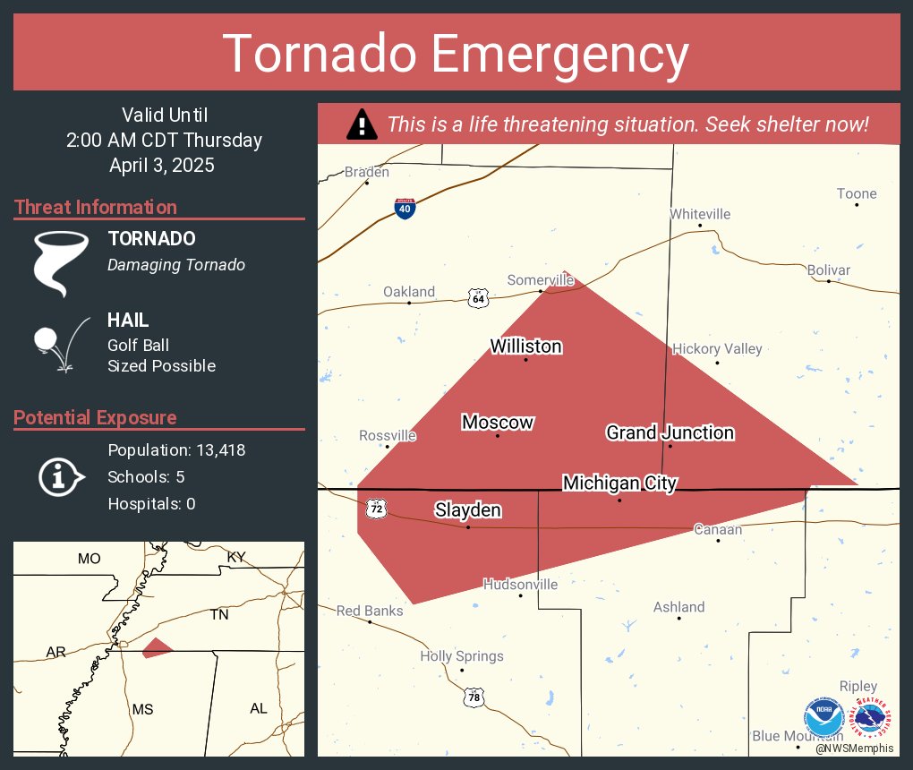NWStornado's tweet photo. Tornado Emergency continues for Moscow TN, Williston TN and  Grand Junction TN until 2:00 AM CDT https://t.co/HwHLFAkToI