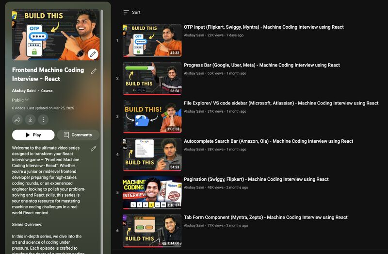 [UPDATE] Frontend Machine Coding Interview Series 🔥
Added a new video, "OTP Input" which was asked recently in Flipkart, Swiggy and Myntra. 

Don't go to interviews without preparing all these questions from this series. ✌️

Let me know in the comments which more questions
