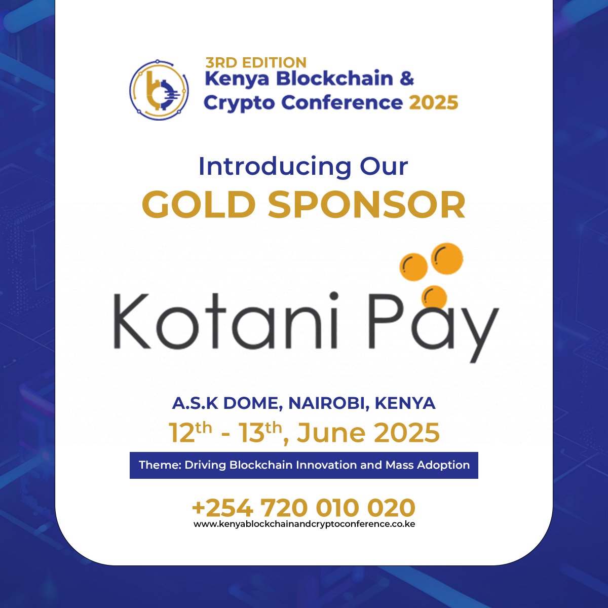 Kenya Blockchain & Crypto Conference (@kbcc_01) on Twitter photo They’re back for the 3rd year in a row!
Proud to announce <a href="/kotanipay/">Kotani Pay</a> as a Gold Sponsor for #KBCC2025!
Powering stablecoin access & crypto-to-fiat payments across Africa, Kotani Pay is revolutionizing payments.
🔗 Check them out: kotanipay.com
🎟️ Grab your ticket They’re back for the 3rd year in a row!
Proud to announce <a href="/kotanipay/">Kotani Pay</a> as a Gold Sponsor for #KBCC2025!
Powering stablecoin access & crypto-to-fiat payments across Africa, Kotani Pay is revolutionizing payments.
🔗 Check them out: kotanipay.com
🎟️ Grab your ticket