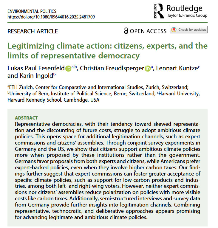 Environmental Politics (@env_pol) on Twitter photo New article!
Legitimizing climate action: citizens, experts, and the limits of representative democracy, by <a href="/LFesenfeld/">Lukas Fesenfeld</a> <a href="/CFreudlsperger/">Christian Freudlsperger</a> Lennart Kuntze, and @IngoldKarin.
doi.org/10.1080/096440… New article!
Legitimizing climate action: citizens, experts, and the limits of representative democracy, by <a href="/LFesenfeld/">Lukas Fesenfeld</a> <a href="/CFreudlsperger/">Christian Freudlsperger</a> Lennart Kuntze, and @IngoldKarin.
doi.org/10.1080/096440…