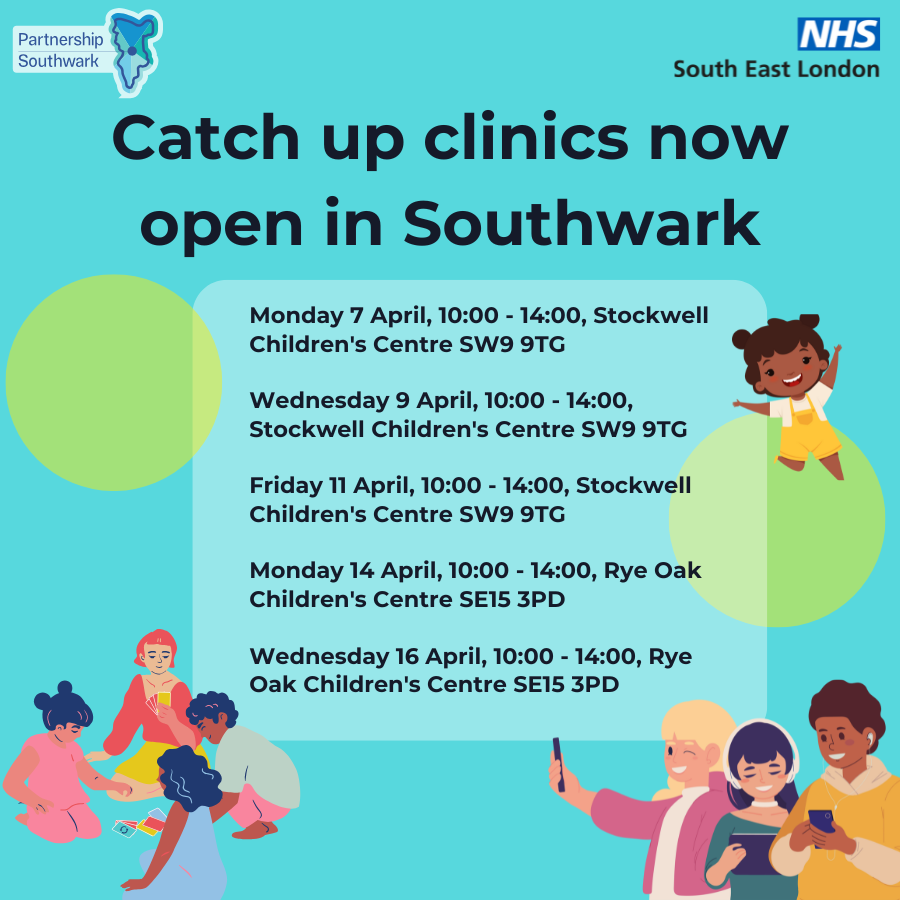 Partnership Southwark (@partnershipswk) on Twitter photo Attention #Southwark parents / carers
Is your child protected? If you missed a vaccination appointment, you can catch up at a pop up clinic this Spring. Dates and times below ⬇️
No appointment necessary. Just walk in💛
<a href="/MNSouthwark/">MN Southwark</a> <a href="/OKRFZ/">Old Kent Road Family Zone</a> <a href="/BPF_Southwark/">Southwark Black Parents Forum</a> <a href="/C_D_cfc/">C&D Children Family Centres</a> <a href="/SouthwarkPCC/">Southwark PCC</a> Attention #Southwark parents / carers
Is your child protected? If you missed a vaccination appointment, you can catch up at a pop up clinic this Spring. Dates and times below ⬇️
No appointment necessary. Just walk in💛
<a href="/MNSouthwark/">MN Southwark</a> <a href="/OKRFZ/">Old Kent Road Family Zone</a> <a href="/BPF_Southwark/">Southwark Black Parents Forum</a> <a href="/C_D_cfc/">C&D Children Family Centres</a> <a href="/SouthwarkPCC/">Southwark PCC</a>