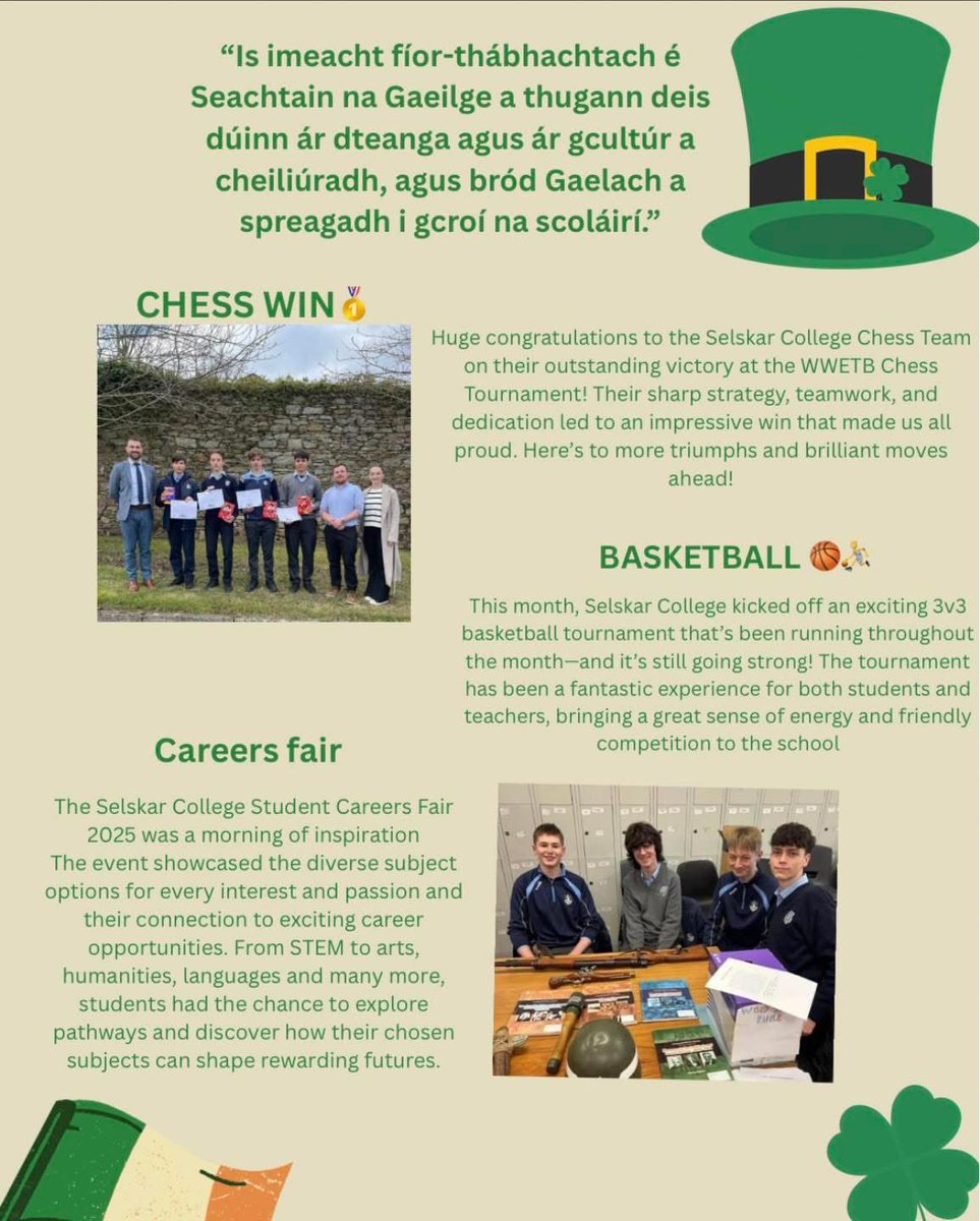 ✨It’s back!✨ 

Our Selskar Social Newsletter 🎉

From exploring the vibrant streets of Barcelona to celebrating our chess team’s big win and embracing Seachtaine na Gaeilge—this month has been one to remember! Check out all the highlights in our latest school newsletter.