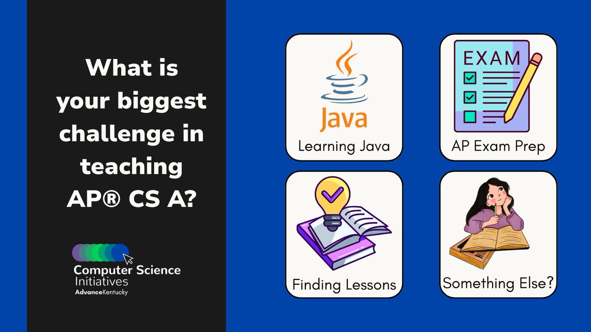 Monique Morton Rice (@moniquemrice) on Twitter photo 🚀 Teaching AP CS A next year? What’s your biggest challenge?
🔹 Learning Java 👨💻
🔹 Preparing students for the AP exam 📖
🔹 Finding engaging lessons 🎯
🔹 Something else?
Join <a href="/AdvanceKentucky/">AdvanceKentucky</a>’s @Codeorg AP CSA PD! 📅 Sign up: code.org/apply 🚀 Teaching AP CS A next year? What’s your biggest challenge?
🔹 Learning Java 👨💻
🔹 Preparing students for the AP exam 📖
🔹 Finding engaging lessons 🎯
🔹 Something else?
Join <a href="/AdvanceKentucky/">AdvanceKentucky</a>’s @Codeorg AP CSA PD! 📅 Sign up: code.org/apply