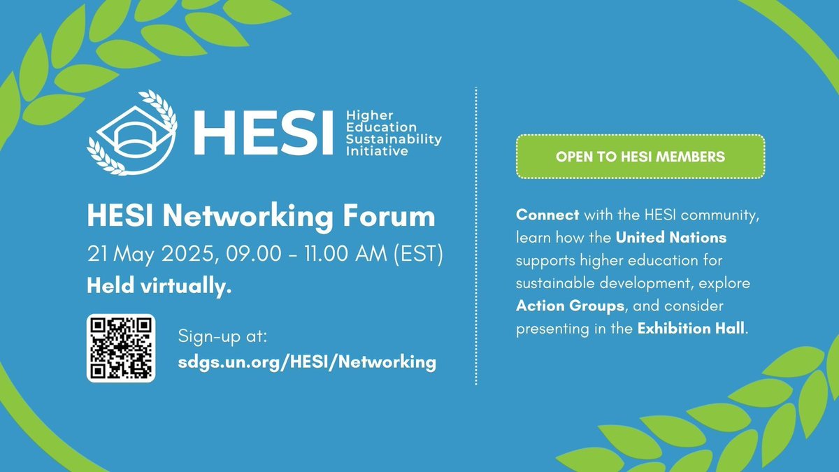 📢 Calling all #HESI members!

Join us for the HESI Networking Forum on 21 May 2025 (9-11 AM EST)—a unique opportunity to connect, collaborate &amp; explore sustainability in higher education. #SDGs

🔗 Register by 15 May: forms.office.com/e/SEqumP1UsZ
📄 More info: sdgs.un.org/HESI/Networking