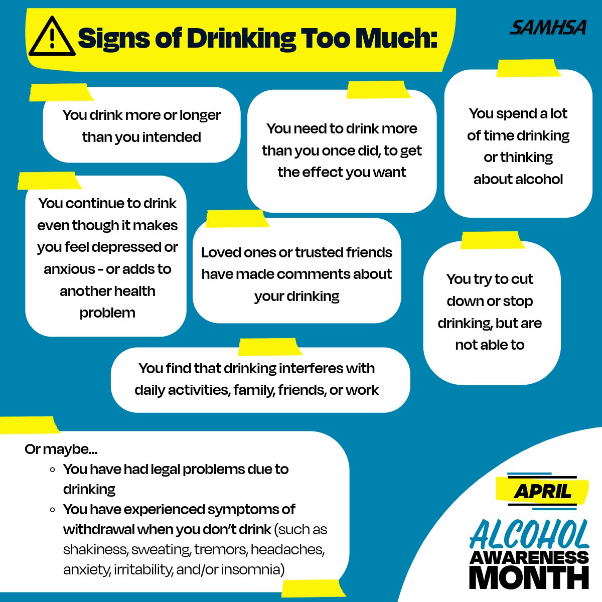 Do you know the signs of drinking too much? These are some of the signs that may mean someone is drinking too much. If you’re concerned that you or a friend may be struggling, there are resources available to help: samhsa.gov/alcohol #AlcoholAwarenessMonth