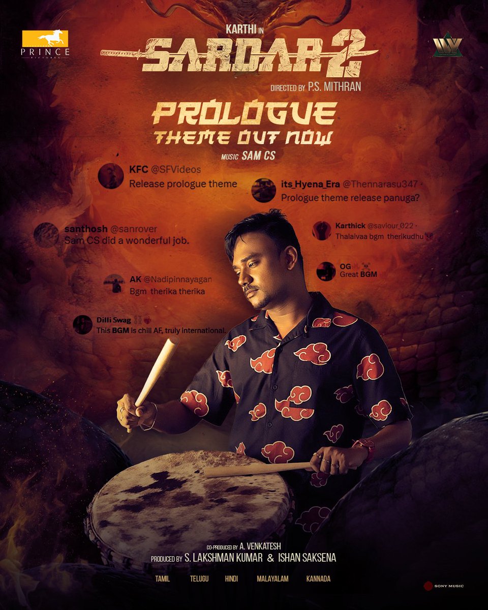 Prince Pictures (@prince_pictures) on Twitter photo The sound of #Sardar2 🔈
Prologue theme out now ▶️ SMI.lnk.to/Sardar2-Prolog…
A @SamCSMusic musical.
<a href="/Karthi_Offl/">Karthi</a> <a href="/Prince_Pictures/">Prince Pictures</a> <a href="/ivyofficial2023/">Ivy Entertainment Offical</a> <a href="/Psmithran/">PS Mithran</a> <a href="/iam_SJSuryah/">S J Suryah</a> <a href="/lakku76/">S Lakshman kumar</a> <a href="/venkatavmedia/">Venkatesh</a> <a href="/RajaS_official/">Raja Subramanian</a> <a href="/B4UMotionPics/">B4U Motion Pictures</a> <a href="/MalavikaM_/">Malavika Mohanan</a> <a href="/AshikaRanganath/">Ashika Ranganath</a> <a href="/rajishavijayan/">Rajisha Vijayan</a> The sound of #Sardar2 🔈
Prologue theme out now ▶️ SMI.lnk.to/Sardar2-Prolog…
A @SamCSMusic musical.
<a href="/Karthi_Offl/">Karthi</a> <a href="/Prince_Pictures/">Prince Pictures</a> <a href="/ivyofficial2023/">Ivy Entertainment Offical</a> <a href="/Psmithran/">PS Mithran</a> <a href="/iam_SJSuryah/">S J Suryah</a> <a href="/lakku76/">S Lakshman kumar</a> <a href="/venkatavmedia/">Venkatesh</a> <a href="/RajaS_official/">Raja Subramanian</a> <a href="/B4UMotionPics/">B4U Motion Pictures</a> <a href="/MalavikaM_/">Malavika Mohanan</a> <a href="/AshikaRanganath/">Ashika Ranganath</a> <a href="/rajishavijayan/">Rajisha Vijayan</a>