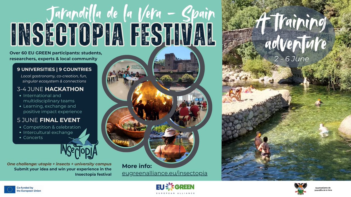🌿 Ready for a nature &amp; innovation adventure? 🐞
Join the Insectopia Festival (June 2–6, Jarandilla de la Vera)!

🎯 Hackathons, workshops, gastronomy &amp; more – all about insects, biodiversity &amp; sustainability.

🔗 Apply now: eugreenalliance.eu/insectopia/
#EUGREEN #Insectopia