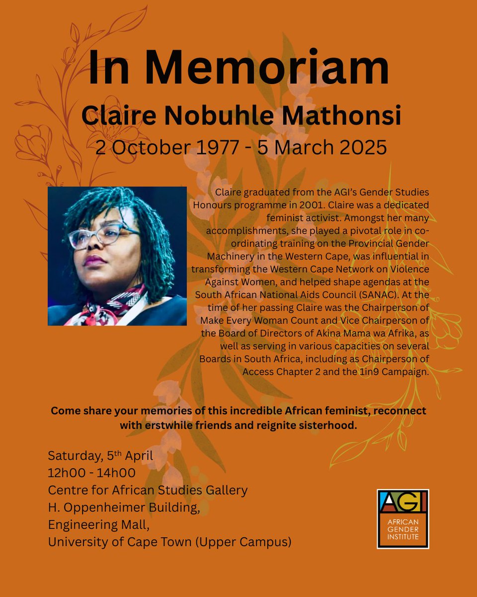 africangender's tweet image. Claire Mathonsi and Susan Holland-Muter
Online joining details for the memoriam:
Time &amp;amp; Date: Apr 5, 2025 12:00 PM Johannesburg Join Zoom Meeting us02web.zoom.us/j/3527574584?p…