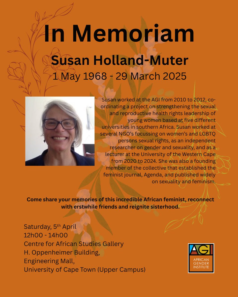 africangender's tweet image. Claire Mathonsi and Susan Holland-Muter
Online joining details for the memoriam:
Time &amp;amp; Date: Apr 5, 2025 12:00 PM Johannesburg Join Zoom Meeting us02web.zoom.us/j/3527574584?p…