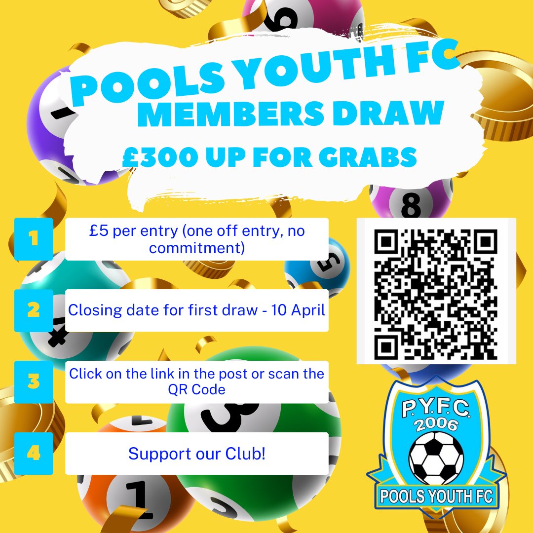 One week to go to take part in our members lottery for the chance to win £300!

Only £5 per go, scan the QR code or click here
poolsyouthfc.com/clubinfo/PYFC-…

#PoolsYouth #UTPY