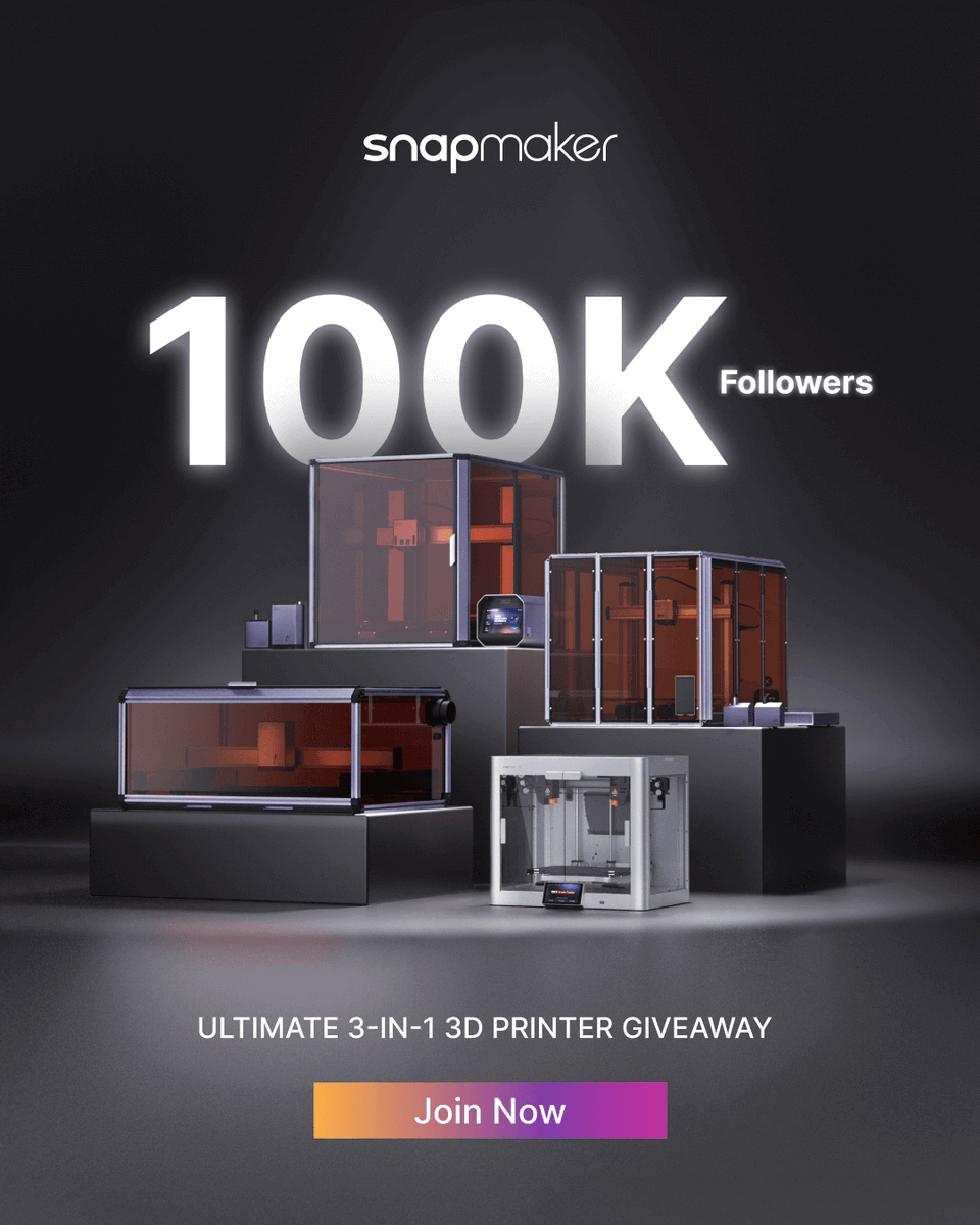 🎉We’ve hit 100K followers on Instagram, Thank You!💛Your support, creativity, and passion have shaped our journey. Join Snapmaker Ultimate 3-in-1 3D Printer #Giveaway—$8000+ in prizes!🎁

Epic Prizes Await:
🥇*1: Snapmaker Artisan Premium 3-in-1 3D Printer
🥈*1: Snapmaker J1s
