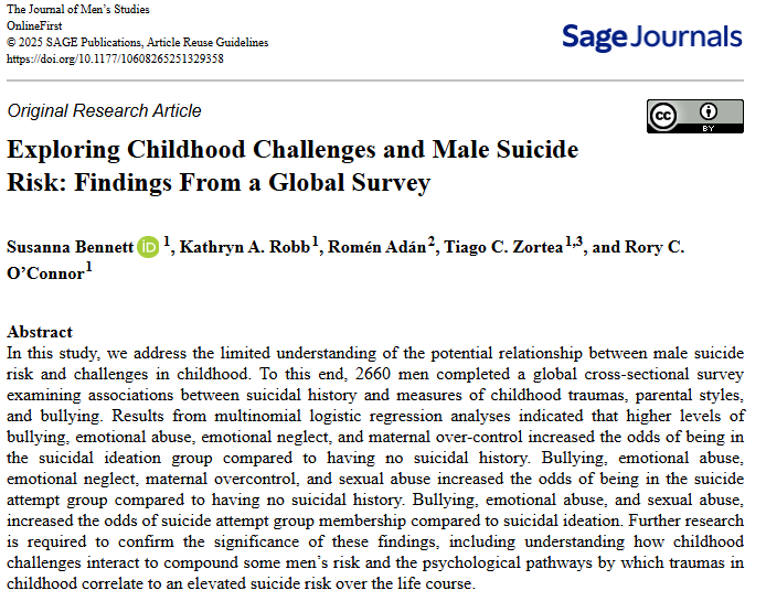 Muy contentos de que haya visto la luz la segunda publicación 💡

2.660 participantes para analizar la relación entre las experiencias vividas en la infancia y el riesgo de suicidio en la adultez en hombres

Sin duda, un tema delicado y tabú

journals.sagepub.com/doi/full/10.11…