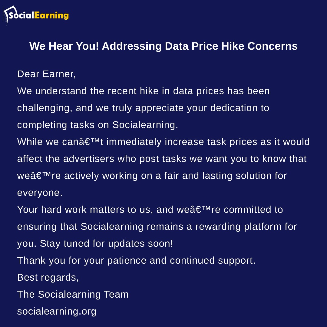 Social_Earning's tweet image. Dear Earner,
We understand the recent hike in data prices has been challenging, and we truly appreciate your dedication to completing tasks on Socialearning. ๐
socialearning.org