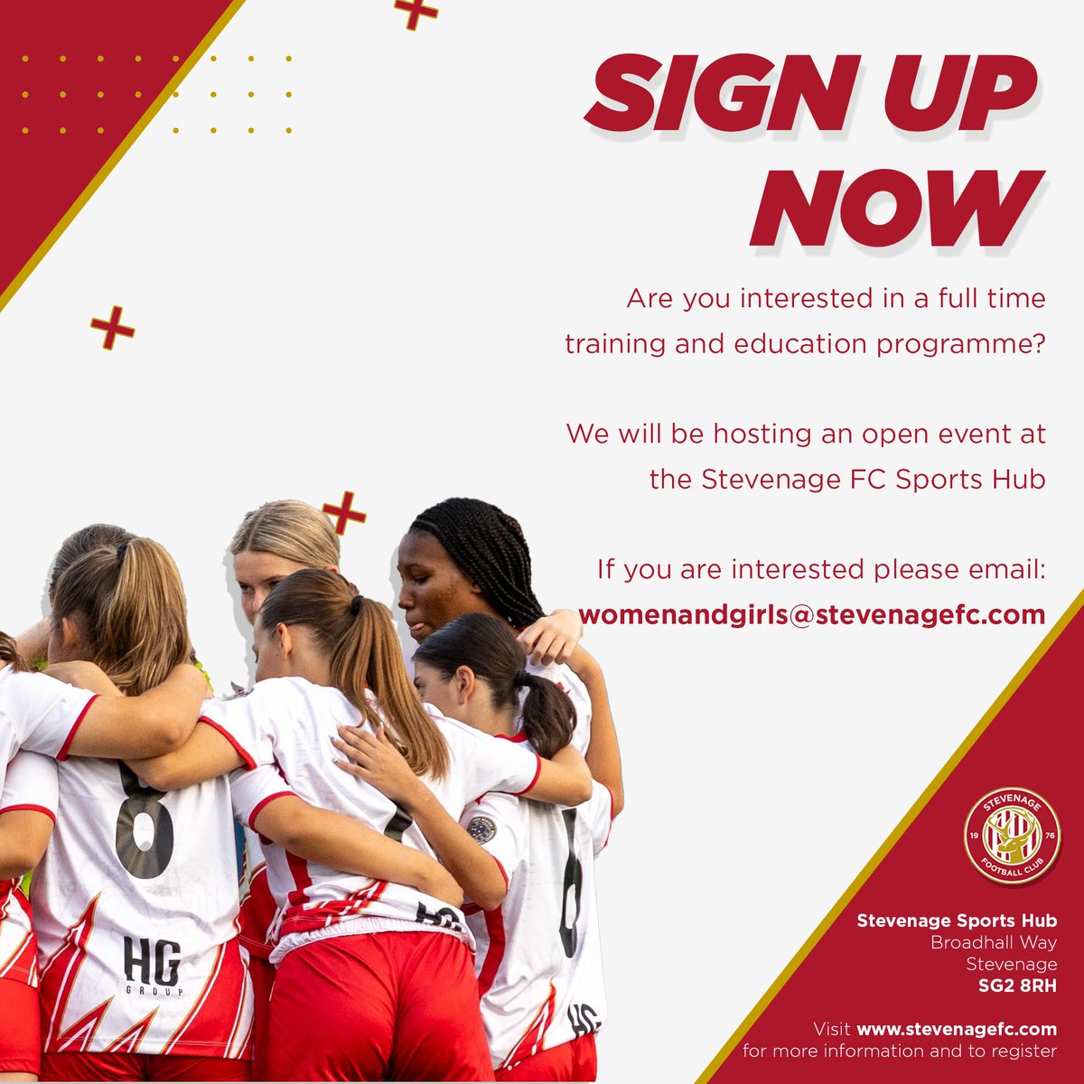 Stevenage FC Girls Education Development Programme

Are you looking to develop your game while earning A-Level qualifications? 

Progress with pathways to university, USA scholarships, 1st team football and much more. 

Sign up to find out more!