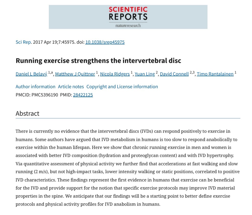 DavidMackeyDPT's tweet image. Long-distance runners &amp;amp; joggers may have healthier intervertebral discs with better hydration levels than the sedentary. In long-distance runners, IVDs had hypertrophy in lower segments (L3-S1) that are under higher stress during repetitive axial loading.
pmc.ncbi.nlm.nih.gov/articles/PMC53…