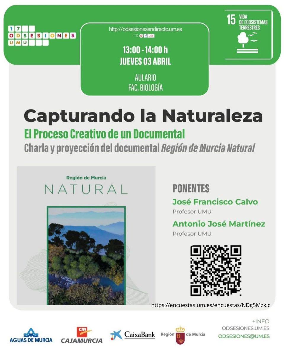 UmuODSesiones (@umuodsesiones) on Twitter photo CARPA + DOCUMENTAL | 🟢#ODS15 'Vida de ecosistemas terrestres' en la <a href="/UMU/">Universidad Murcia</a>.
Hoy, 3 de abril doble actividad en el <a href="/CentroSocialUMU/">Centro Social UMU</a> y <a href="/biologiaum/">BiologíaUM</a>, en donde ha tenido lugar la proyección de 'Capturando la naturaleza: el proceso creativo de un documental.
ℹ️ odsesiones.um.es CARPA + DOCUMENTAL | 🟢#ODS15 'Vida de ecosistemas terrestres' en la <a href="/UMU/">Universidad Murcia</a>.
Hoy, 3 de abril doble actividad en el <a href="/CentroSocialUMU/">Centro Social UMU</a> y <a href="/biologiaum/">BiologíaUM</a>, en donde ha tenido lugar la proyección de 'Capturando la naturaleza: el proceso creativo de un documental.
ℹ️ odsesiones.um.es