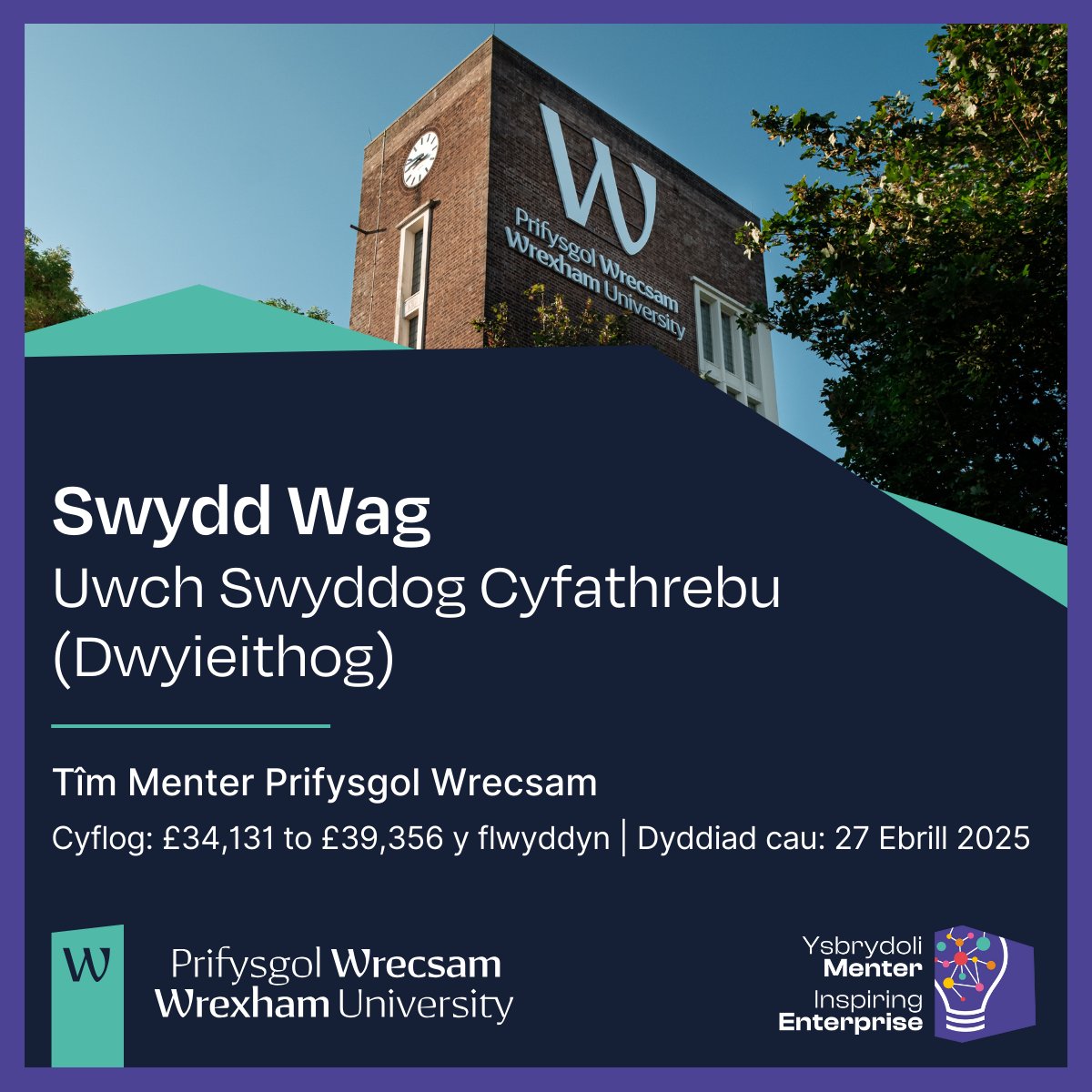 🚀 Uwch Swyddog Cyfathrebu Dwyieithog (12 mis)
📍 Wedi'i leoli ar Gampws Wrecsam
💼 Dyddiad cau: Dydd Sul, 27 Ebrill 2025
🎯 Cyfweliadau: Dydd Gwener, 9 Mai 2025
💰 Cyflog: £34,131 to £39,356 y flwyddyn
Sgiliau iaith #Gymraeg yn hanfodol. Ceisiwch: loom.ly/PnskQtQ