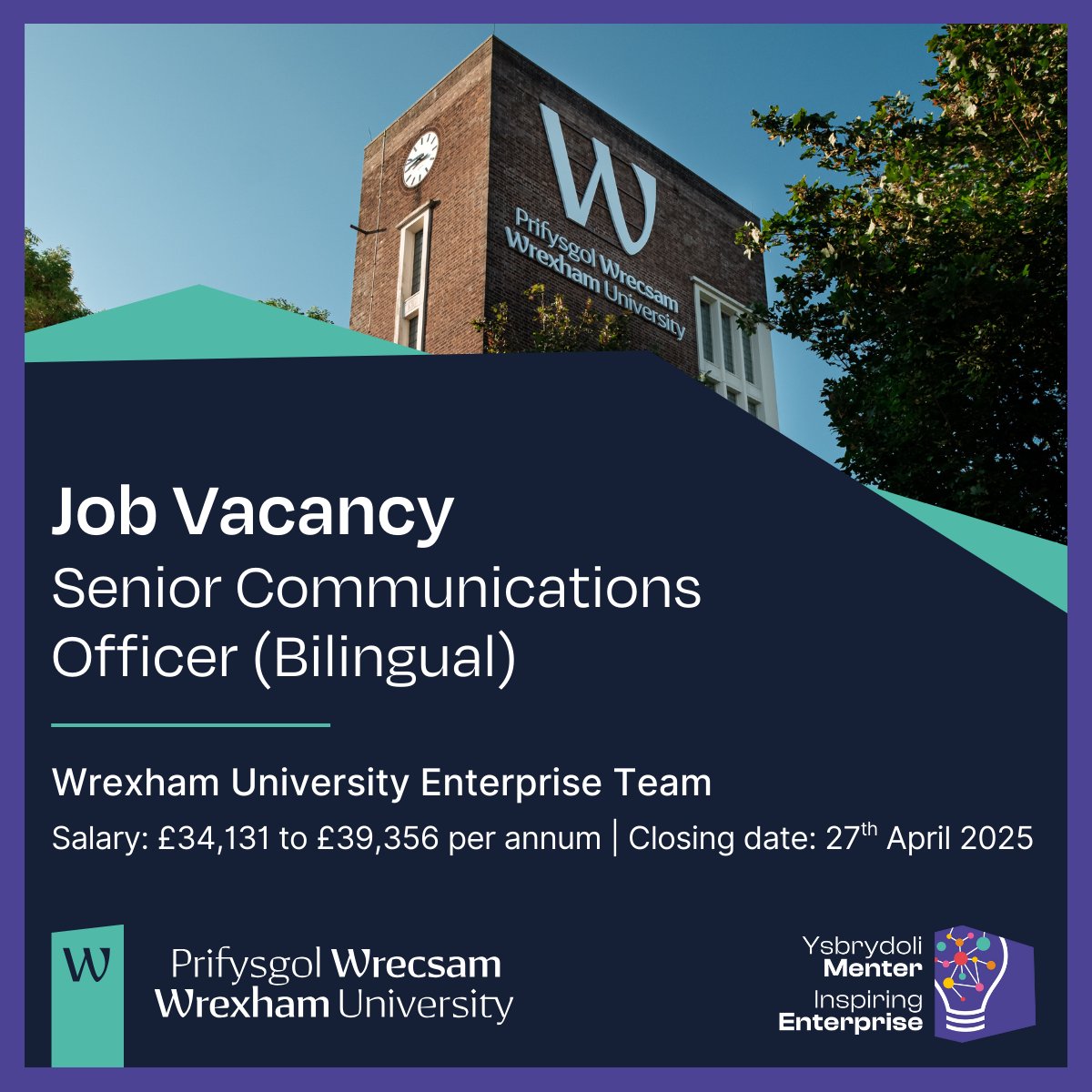 🚀 Bilingual Senior Communications Officer (12-month FTC).
📍 Based at Wrexham Campus
💼 Closing date: Sunday, 27 April 2025
🎯 Interviews: Friday, 9 May 2025
💰 Salary: £34,131 to £39,356 per annum
#Welsh language skills essential. Apply now: loom.ly/DUKeKIU