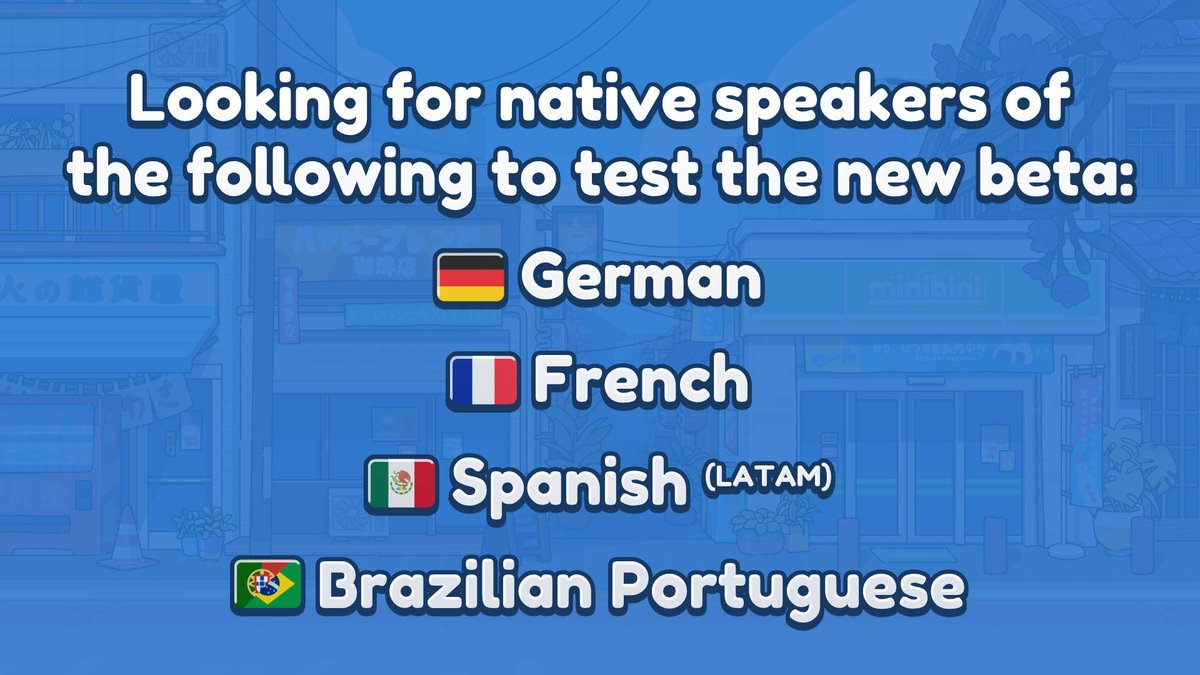 📢 Call for localisation play-testers! 📢
If you speak any of these languages, please join the Discord (in replies) and I'll help you get it set up on Steam! 
Current game owners preferred but I may be able to give keys to non-owners if you help out!