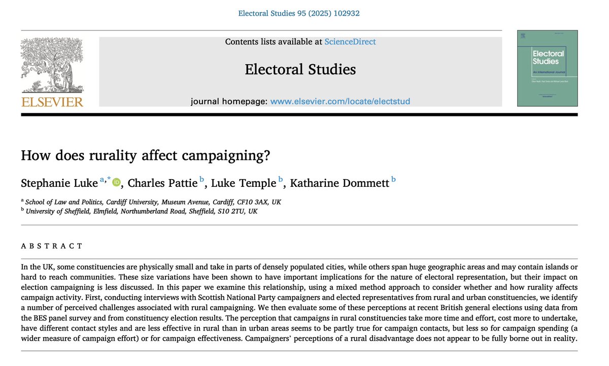 Dr Steph Luke (@drstephanieluke) on Twitter photo 🚨How does rurality affect campaigning?
In a new study, Charles Pattie, Luke Temple, <a href="/KateDommett/">Prof Kate Dommett</a>, and I explore how rurality affects campaign activity. <a href="/ElectoralStdies/">Electoral Studies</a>
sciencedirect.com/science/articl… 🚨How does rurality affect campaigning?
In a new study, Charles Pattie, Luke Temple, <a href="/KateDommett/">Prof Kate Dommett</a>, and I explore how rurality affects campaign activity. <a href="/ElectoralStdies/">Electoral Studies</a>
sciencedirect.com/science/articl…