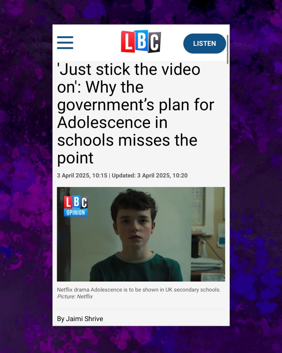 My article for <a href="/LBC/">LBC</a> went live this morning. 

‘Just stick the video on’: Why the government’s plan for Adolescence in schools misses the point. 

Teachers will be expected to do what the series itself critiques: press play, sit back, and hope for the best.