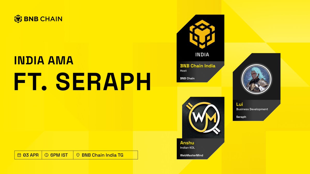 WEBMASTERMIND1's tweet photo. 🎙 EXCLUSIVE AMA ALERT!🎮
Hosted by @BNBCHAIN India Ft. @Seraph_global and @WEBMASTERMIND1

📅 Date: 3rd April
⏰ Time: 6 PM IST
📍 Venue: BNB Chain India TG: https://t.co/K8O8v34cJj
🎤 Special Guest: Lui (BD Lead, Seraph Game)

🔥 What's Coming?
▸ Deep dive into Seraph's action.
▸ Why BNB Chain is revolutionizing GameFi.
▸ Exclusive updates & alpha you won't want to miss.

💰 Rewards:
5 BEST questions win $10 EACH!
(Questions accepted LIVE during AMA)

💬 Pro Tip:
Turn on @BNBChainIndia notifications so you don't miss the AMA start!