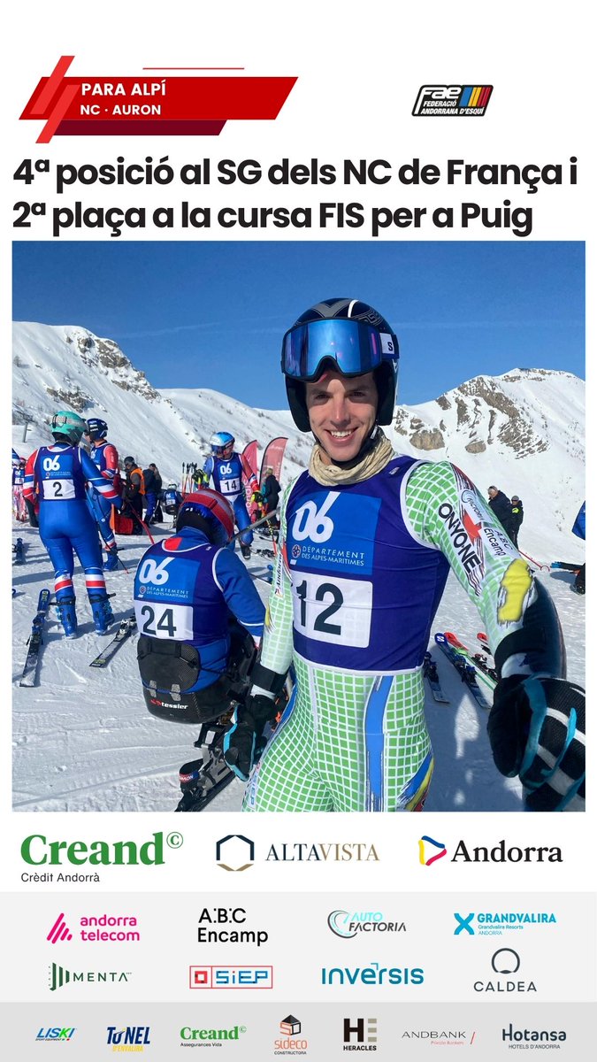 PARA ALPÍ · #RogerPuig signa a #Auron 🇫🇷 la 4ª posició al Campionat de França i la 2ª al supergegant FIS.

INFO ✅ fae.ad/index.php?opti…