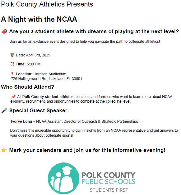 Auburndale HS (@ahsbloodhounds) on Twitter photo Tonight! Learn more about NCAA eligibility, recruitment, and opportunities to compete at the collegiate level. <a href="/PolkSchoolsNews/">Polk County Public Schools</a> <a href="/pcps_athletics/">PCPS Athletics</a> Tonight! Learn more about NCAA eligibility, recruitment, and opportunities to compete at the collegiate level. <a href="/PolkSchoolsNews/">Polk County Public Schools</a> <a href="/pcps_athletics/">PCPS Athletics</a>