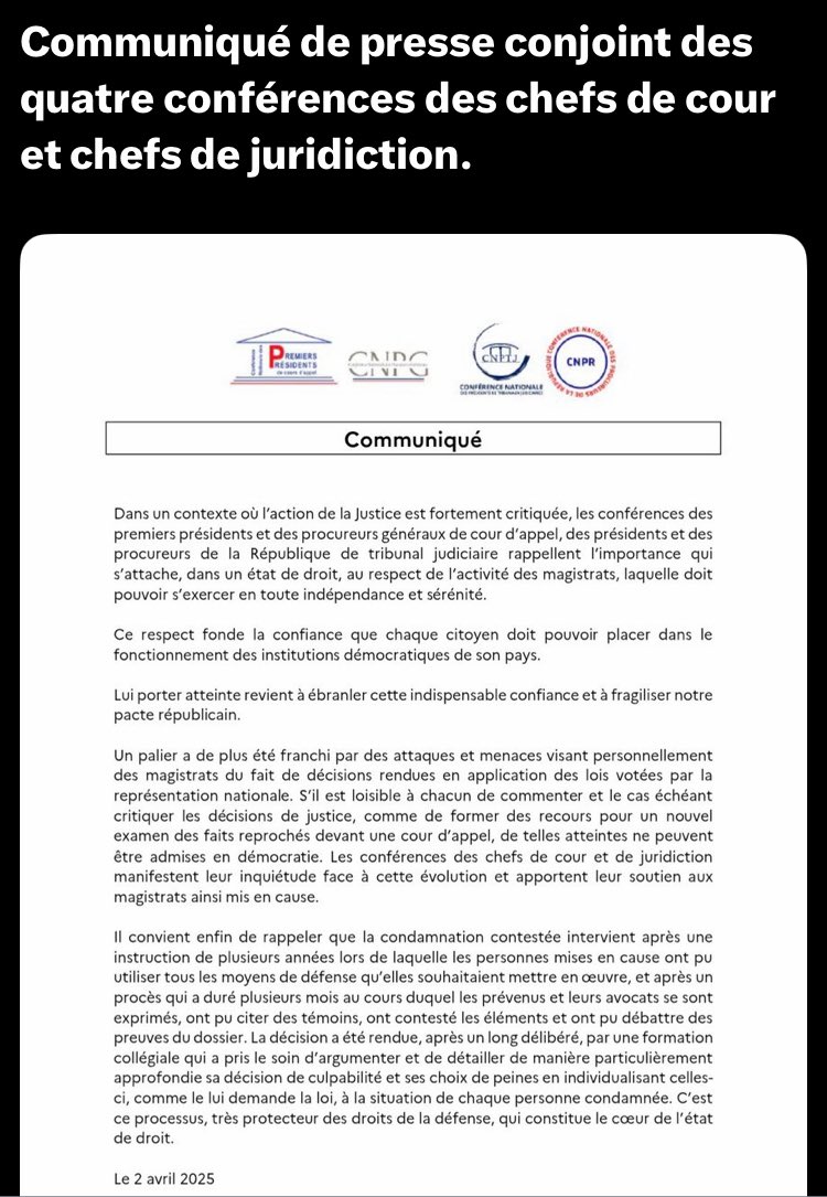 Inédit.. du jamais vu!! Après la mise en garde du Procureur Général de la Cour de Cassation.. aujourd’hui c’est la Conférence des Procureurs de la République qui sort de sa réserve !! Le <a href="/RNational_off/">Rassemblement National</a>  et <a href="/MLP_officiel/">Marine Le Pen</a> ont vraiment du souci à se faire pour un appel !!
