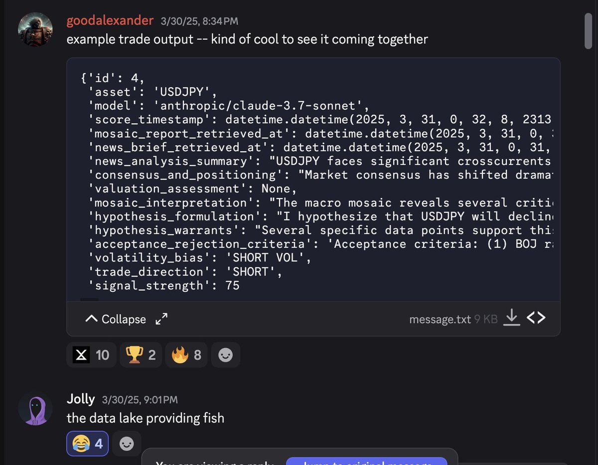 Whereas XRP is focused on transaction banking, Post Fiat is focused on investment banks - especially the FX branch (see: fiat). Here you can see our AI agent logic predicting a multi % drop in USDJPY. 

Over time as the Post Fiat community grows - so too will signal strength