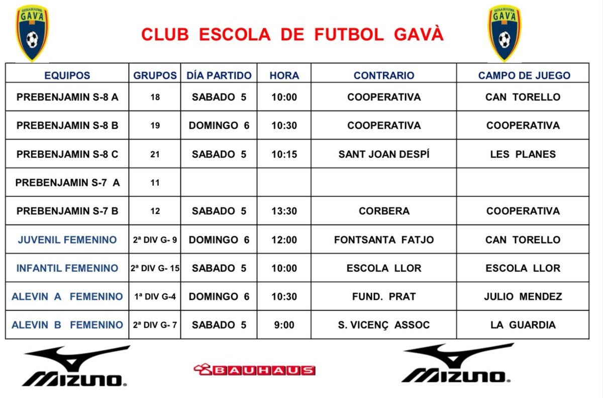 EFGava's tweet photo. 🔵🔵CLUB @EFGava
💙💚HORARIS 5-6 ABRIL
🔜Estem a les portes d'un nou cap de setmana. Oportunitat per veure l'evolució dels nostres equips.
✅Us deixem els horaris de tot el club; Femení, Futbol 7 i Futbol 11 masculí
🚀Molta sort i a gaudir.
💚💙⚽
#EFGavà #SomEFG https://t.co/OWf44sLBYt