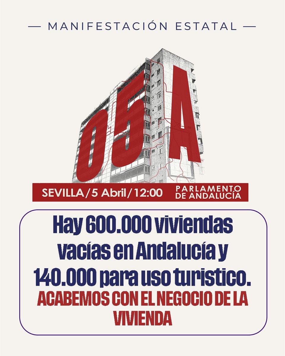 Prohibamos la especulación. Hay 628.705 viviendas vacías en Andalucía y más de 140.000 viviendas registradas para uso turístico.
El 5A salimos a las calles en todo el estado para gritar bien alto: ¡Se acabó el negocio de la vivienda!