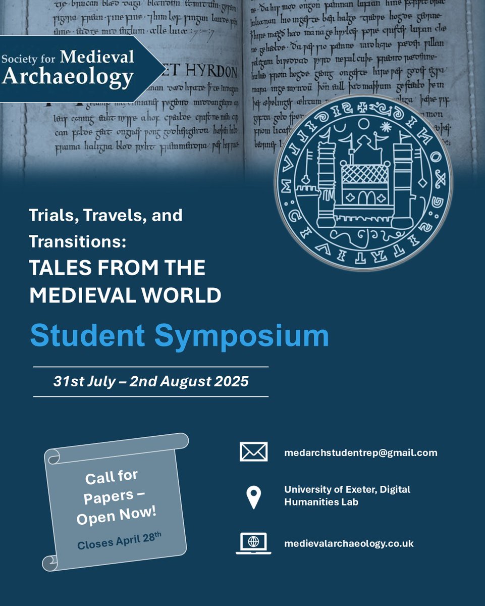 Excited to announce that the Society for Medieval Archaeology student conference 2025 will be hosted at the University of Exeter, 31 July - 2 August! We invite interdisciplinary papers from across the medieval period. Submit your abstract by 28 April: forms.gle/2KpE7P9sJicT8a…