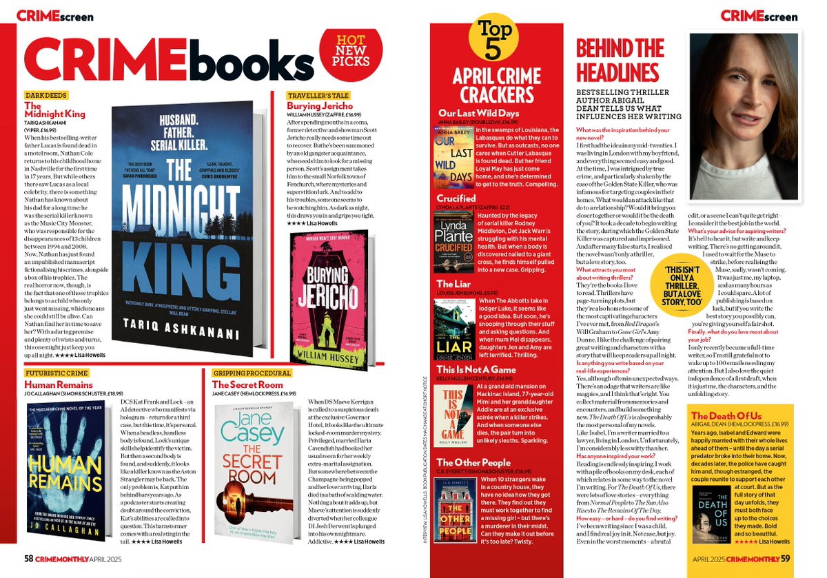 Crime Monthly (@crimemonthly) on Twitter photo It's a bumper month for books! We have brilliant reads from <a href="/TariqAshkanani/">Tariq Ashkanani</a> <a href="/WHusseyAuthor/">William Hussey</a> <a href="/JoCallaghanKat/">Jo Callaghan</a> <a href="/JaneCaseyAuthor/">Jane Casey</a> Anna Bailey <a href="/LaPlanteLynda/">Lynda La Plante</a> <a href="/Fab_fiction/">Author Louise Jensen</a> CB Everett and a chat with Abigail Dean. Grab our special spring offer of 3 issues for £5! greatmagazines.co.uk/crime It's a bumper month for books! We have brilliant reads from <a href="/TariqAshkanani/">Tariq Ashkanani</a> <a href="/WHusseyAuthor/">William Hussey</a> <a href="/JoCallaghanKat/">Jo Callaghan</a> <a href="/JaneCaseyAuthor/">Jane Casey</a> Anna Bailey <a href="/LaPlanteLynda/">Lynda La Plante</a> <a href="/Fab_fiction/">Author Louise Jensen</a> CB Everett and a chat with Abigail Dean. Grab our special spring offer of 3 issues for £5! greatmagazines.co.uk/crime