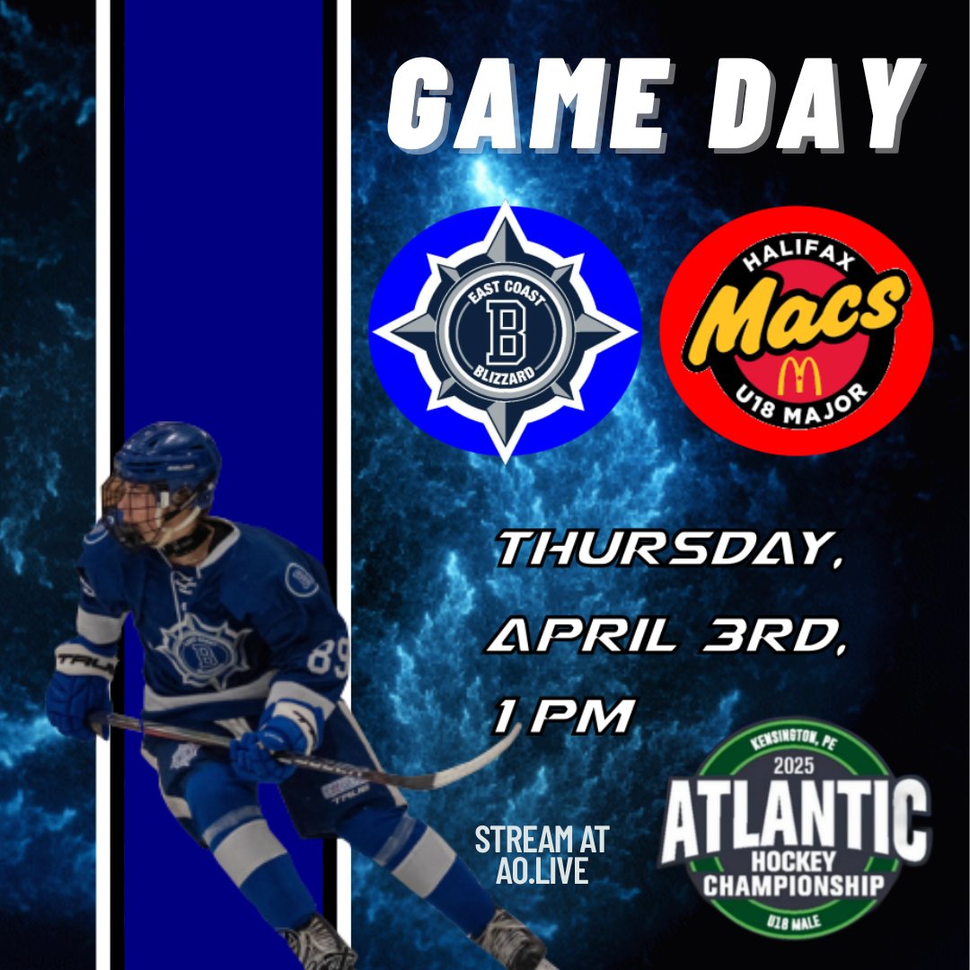 It's Game Day! We're on the ice at <a href="/U18Atlantics25/">2025 U18 Major Atlantics</a> in PEI for two games today. First up, we battle the Nova Scotia Champions, <a href="/HfxMacs/">The Macs</a>. Game goes at 1pm NL time. #BlizzardWarning 

Watch at ao.live 
Stats: u18-male.atlanticaaahockey.ca