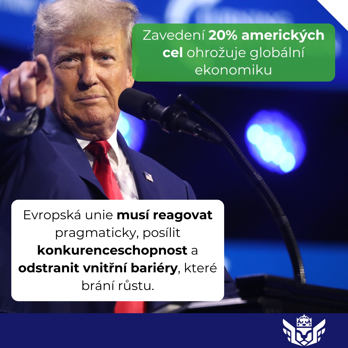 Zavedení 20% amerických cel na dovoz z EU ohrožuje růst a zvyšuje ceny. Pro Česko to znamená omezený export, pokles HDP a větší závislost na Číně. Evropa musí jednat jednotně, posílit průmyslové řetězce a investovat do inovací.

Více informací: komora.cz/blog/tiskove-z…