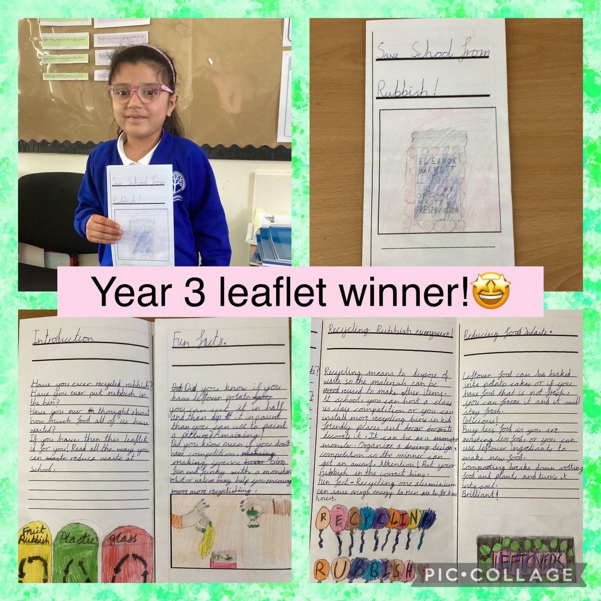 Year 3 have worked very hard this half term writing a leaflet about ways to reduce waste at school. Today, we presented our leaflets to the Eco Club and here is our winner!