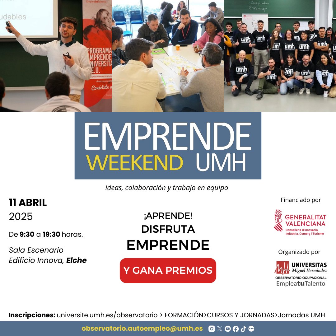 👧¡ATENCIÓN estudiante de la <a href="/UniversidadMH/">UMH</a> o <a href="/AlumniUMH/">Alumni UMH</a>, vuelve el🌟#EmprendeWeekend UMH 2025🌟!

📅 11 ABR⏰9:30 a 19:30📌Sala Escenario. Edificio Innova. Campus Elche.

💻¡INSCRÍBETE!: universite.umh.es/observatorio/F… &gt; Cursos y Jornadas &gt; Jornadas UMH

+ Info: tinyurl.com/4atu5r45