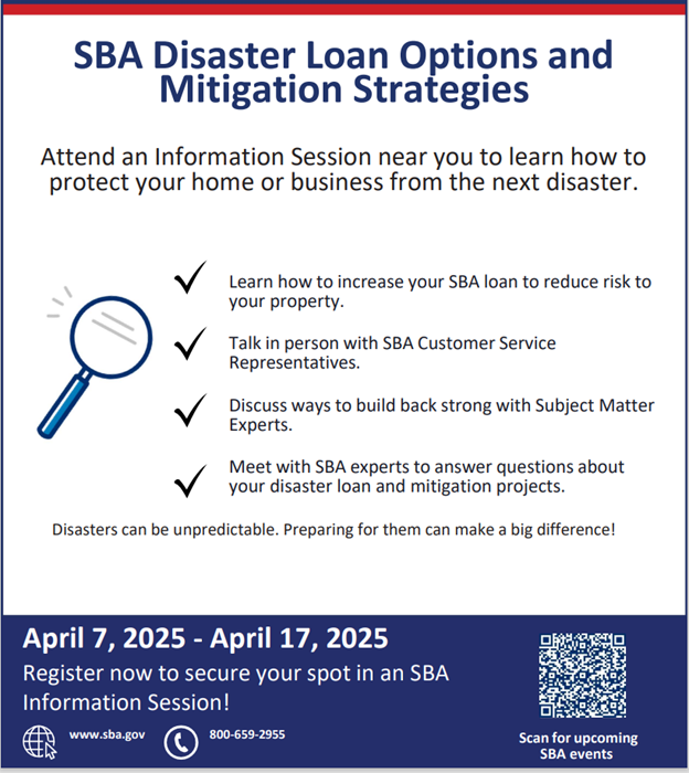 SBAsoutheast's tweet image. Have you been impacted by a natural disaster? Don’t just rebuild, rebuild stronger! Join @SBAgov for a #Mitigation Info Session to learn how to rebuild safer &amp;amp; reduce future #disaster impacts. Register now! bit.ly/3FY4SmP  @SBA_ODRR @SBA_Tennessee @SBA_NC @SBA_Georgia