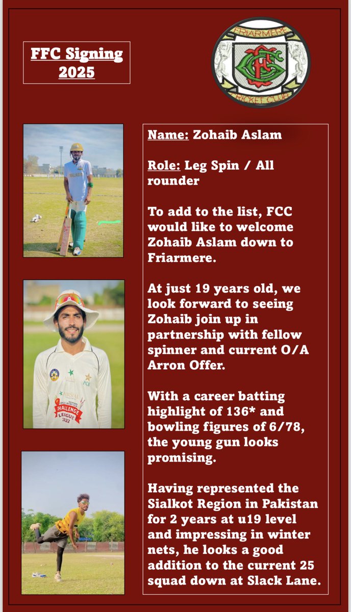 **SIGNING ALERT**

To finish 25s recruitment, FCC welcomes Zohaib Aslam down to OL3. We look forward to seeing what the youngster can offer!✅

Go well Zohaib🏏