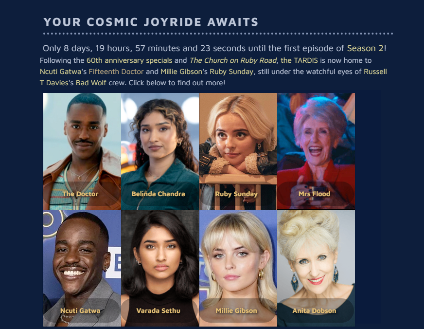 TARDIS Wiki has had a lovely front-page update in time for the upcoming #DoctorWho Series 15 launch... (Or Season 2, okay, okay...)

And the new update not only has a nice countdown clock; it features our four main 'players' and their performers:
The Doctor
Belinda
Ruby
Mrs Flood