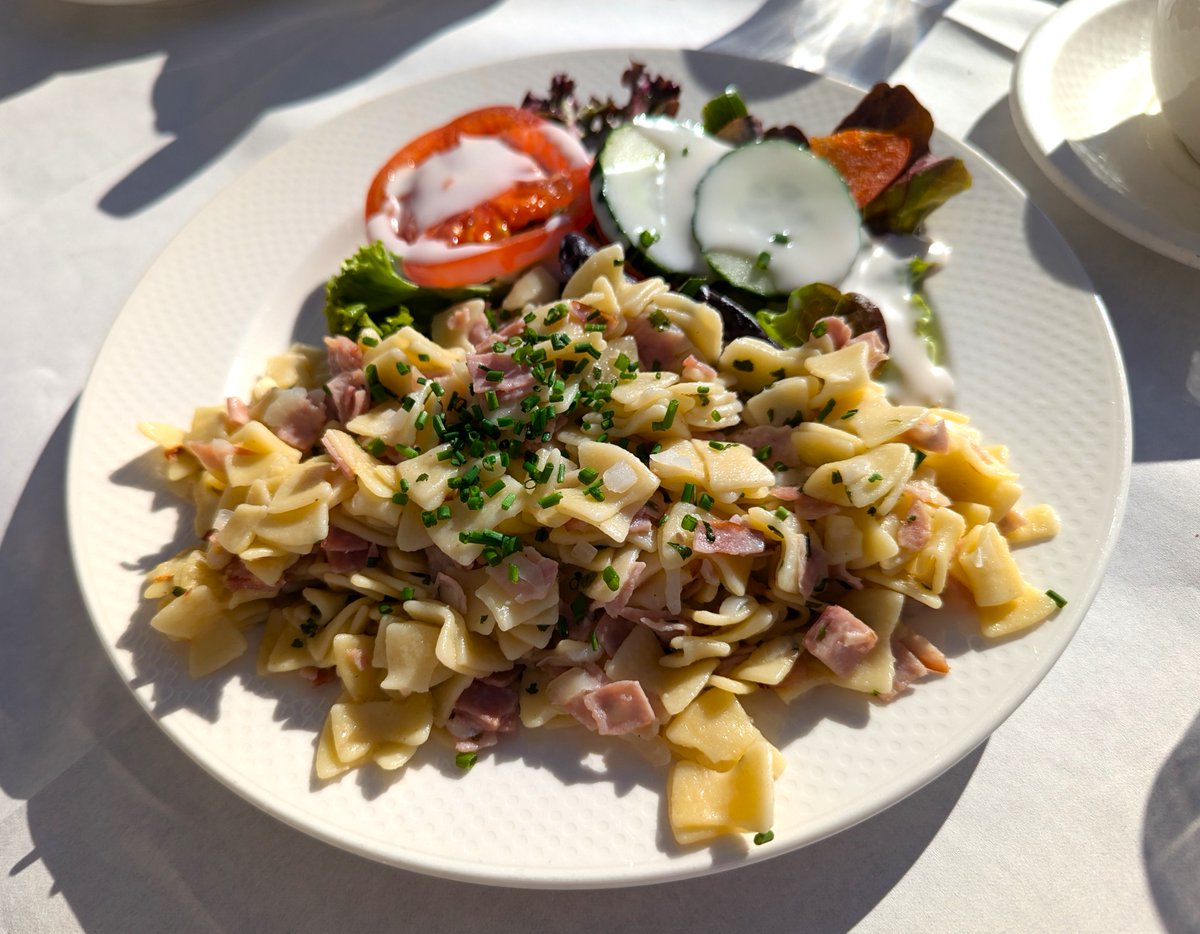 Drkei_japan's tweet photo. ウィーンの「#シェーンブルン宮殿」の庭園にあるカフェ。オーストリアのパスタ麺料理「#シンケンフレッカール」は、他の国では味わえないシンプルなハム麺料理。フレッカール、もっと広まってほしいなぁ。パンケーキ「#カイザーシュマーレン」もめっちゃオススメ! #fleckerl #kaiserschmarren https://t.co/2GDCSw1hFu