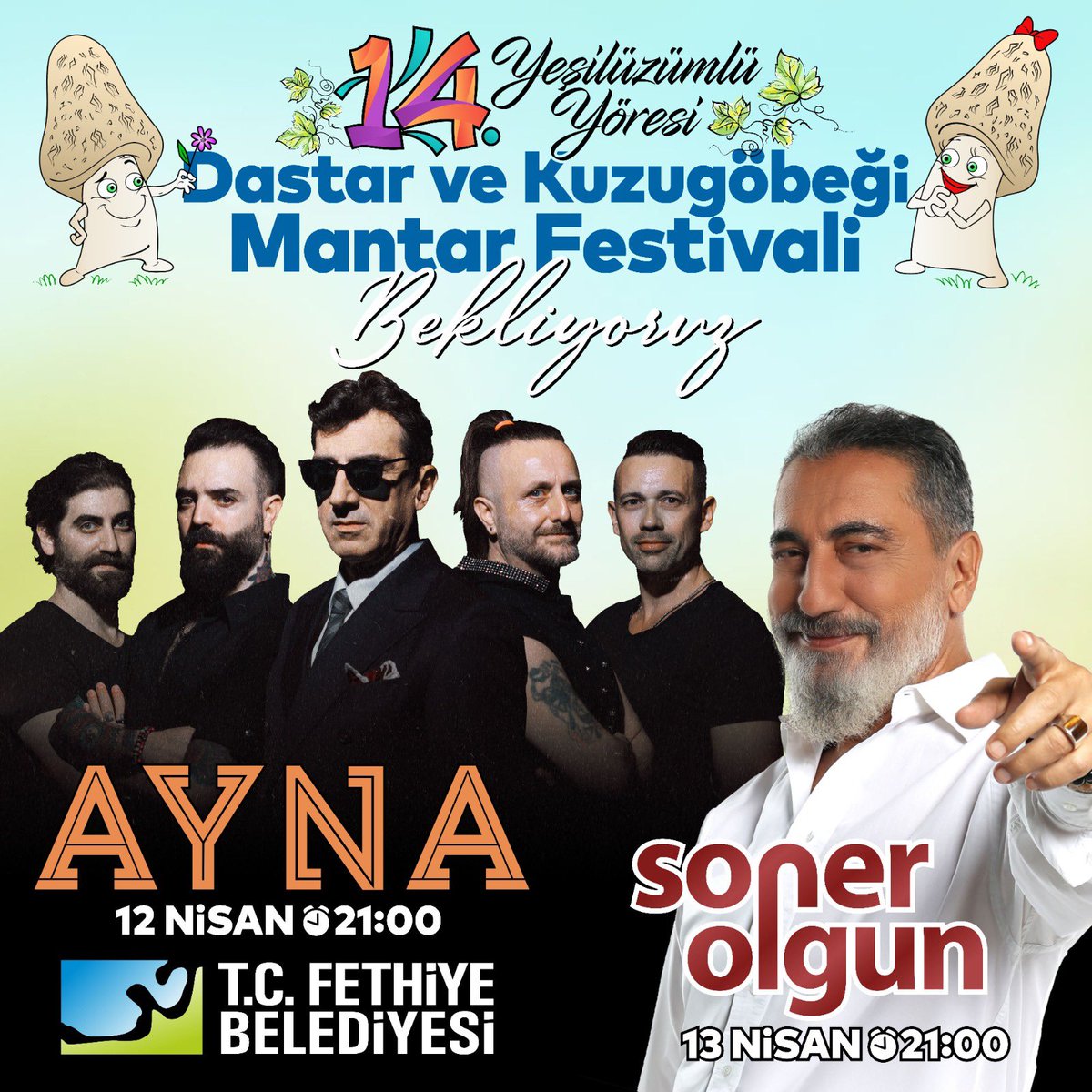 14. Yeşilüzümlü Yöresi Dastar ve Kuzugöbeği Mantar Festivali, 11-12-13 Nisan tarihlerinde gerçekleşecek. Ayna ve Soner Olgun’un sahne alacağı, birbirinden renkli etkinliklerle dolu festivalimize tüm halkımız davetlidir
