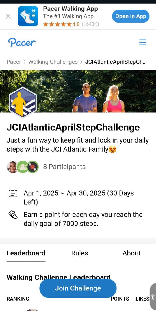 Step this April with JCI Walk Challenge!
Here's how it works:
Download the designated app (mypacer.com/challenges/bi9…) to track your daily steps.

At the end of the challenge, the member with the highest step count will be going home with a prize.

#ELV8
#Grow
#Impact
#JCIAtlantic