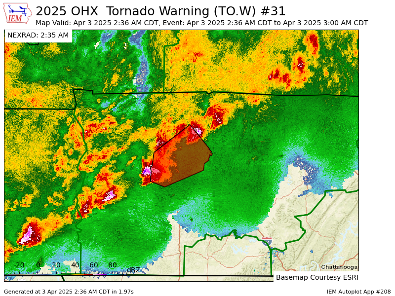 NashSevereWx's tweet image. OHX issues Tornado Warning [tornado: RADAR INDICATED, hail: 1.00 IN] for Cheatham, Davidson, Williamson [TN] till 3:00 AM CDT mesonet.agron.iastate.edu/vtec/f/2025-O-…