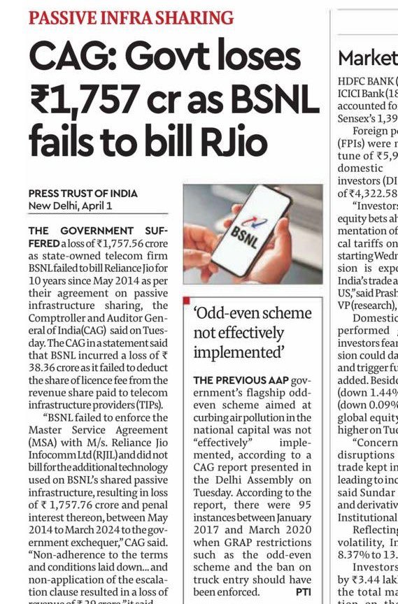 RituRathaur's tweet photo. Did @MeghUpdates share this news ??

of Modi Govt losing 1757 crores just because BSNL did not bill Reliance JIO? https://t.co/hnLEC56bhM