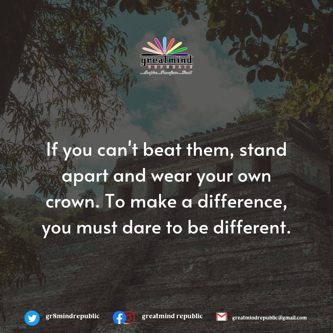 Gr8mindRepublic's tweet photo. If you can't beat them, stand-alone and wear a different cap. You've got to be different to make the difference.

#iSENSE...Inspire... Transform... Lead!

#Wordsofwisdom #QOTD #Motivation #Inspiration #Knowledge #Encouragement #Insight #Quote #Nugget #Soullifting #Greatmind https://t.co/U7db4uZfN3