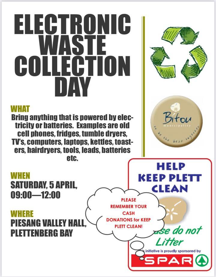 bitou_muni's tweet image. ‼️ REMINDER ‼️ | Please note that the Electronic Waste program is scheduled for Saturday, 5 April 2025, at the Piesang Valley Community Hall from 09h00.

#bitouservicedelivery  #bitouupdates #tobethebesttogether #bitoupublicparticipation